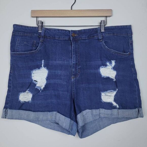 Dollhouse Womens Plus Size 22 Denim Shorts Blue Distressed Cuffed Hem Stretch - Picture 1 of 7